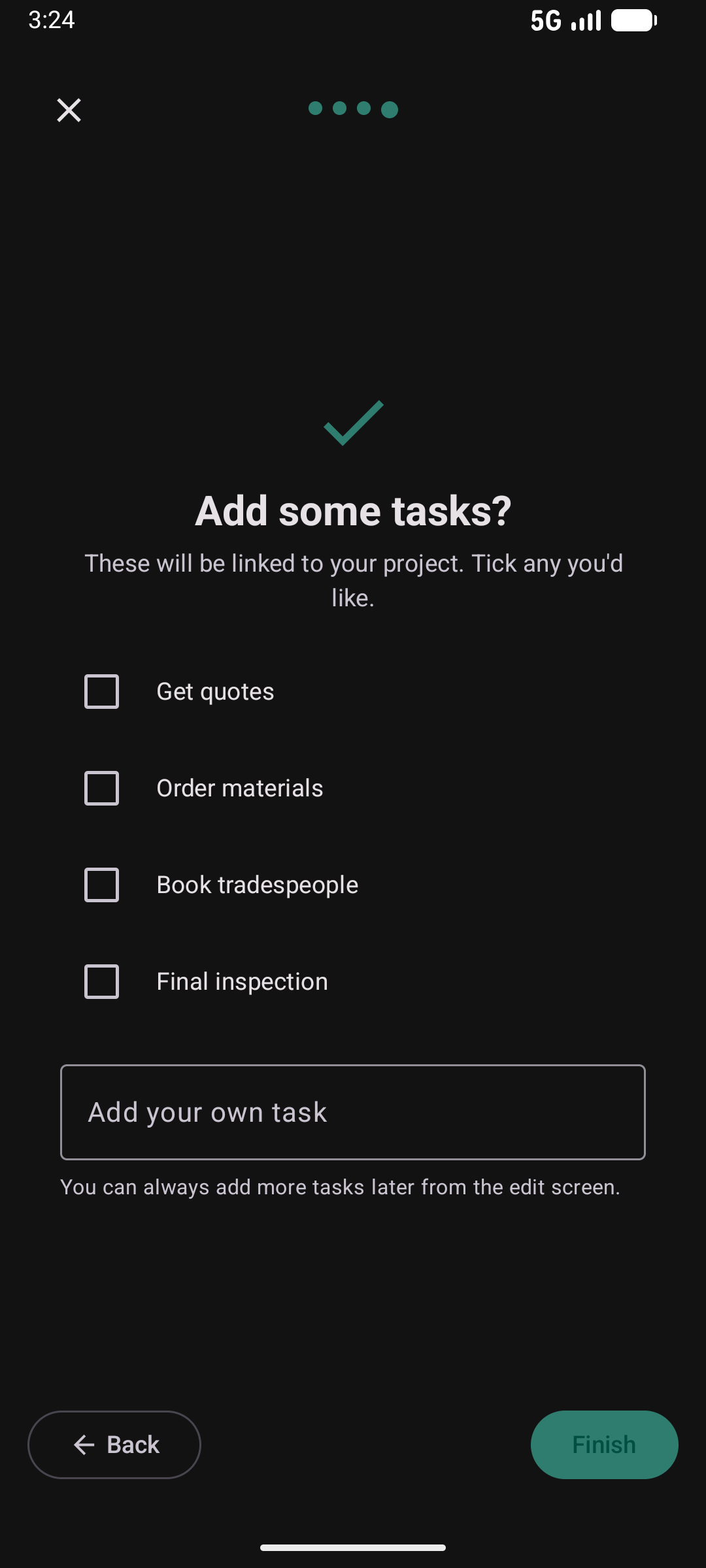 Project wizard step 4 — task checklist