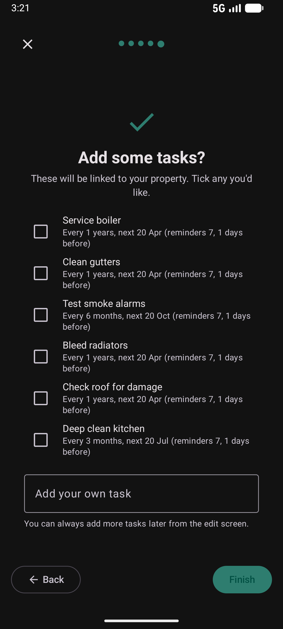 Property wizard step 5 — maintenance tasks