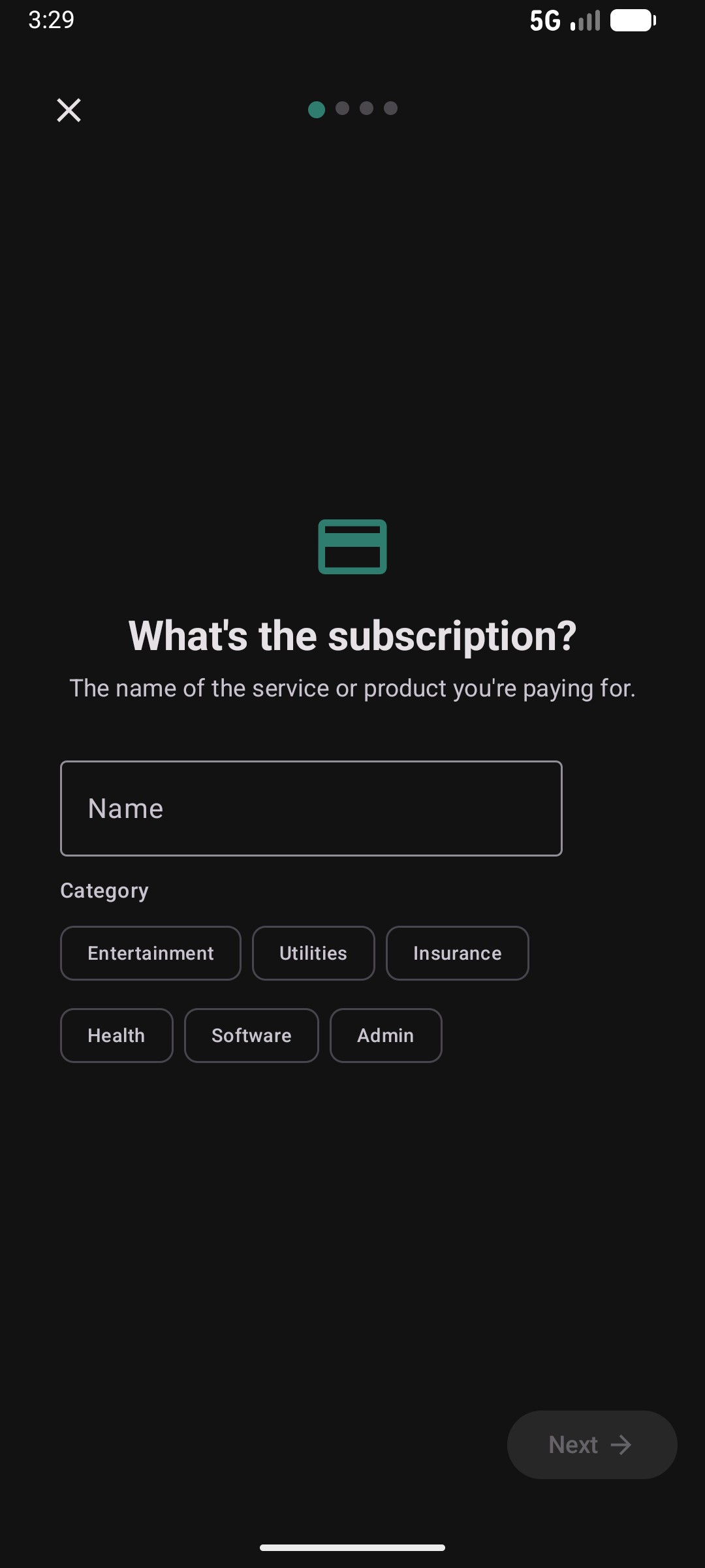 Subscription wizard step 1 — name and category