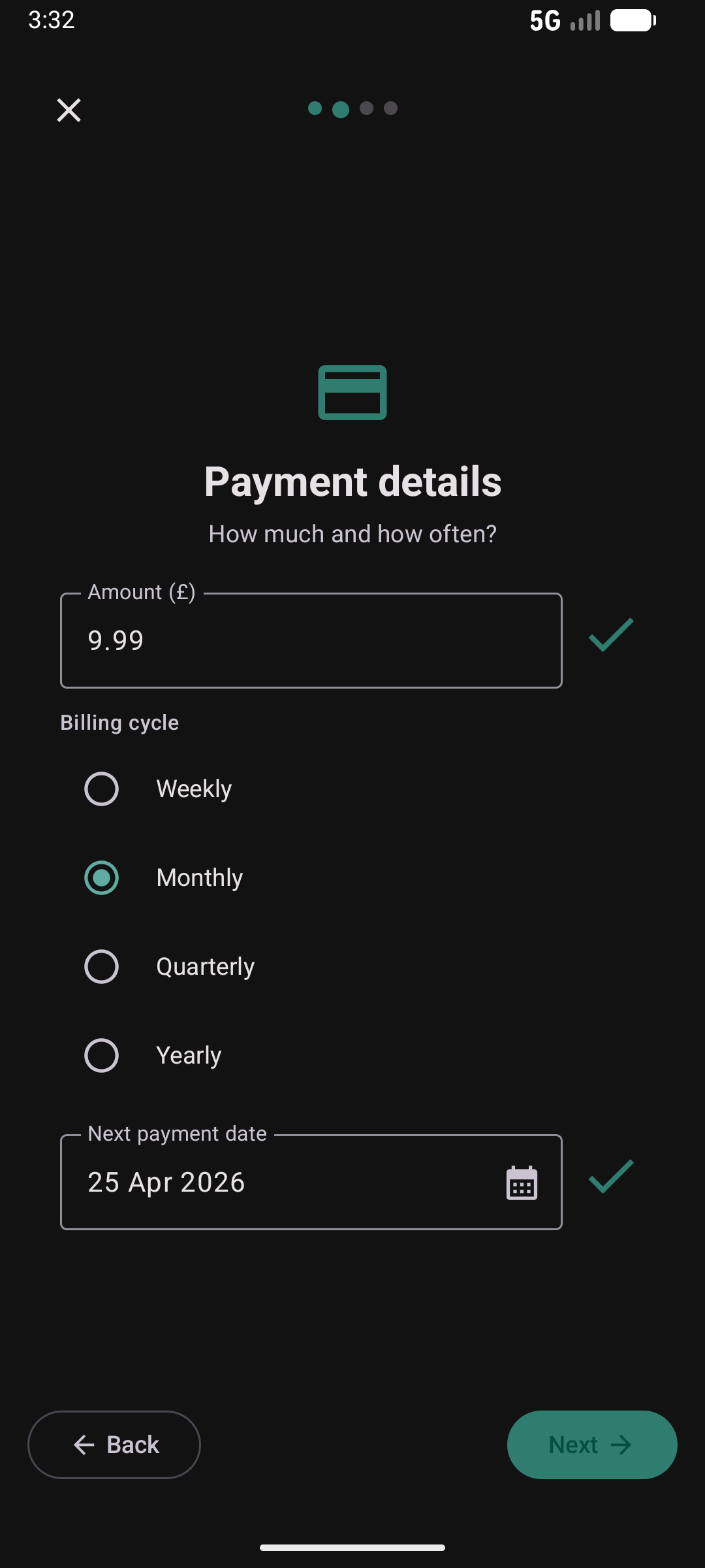 Subscription wizard step 2 — payment details