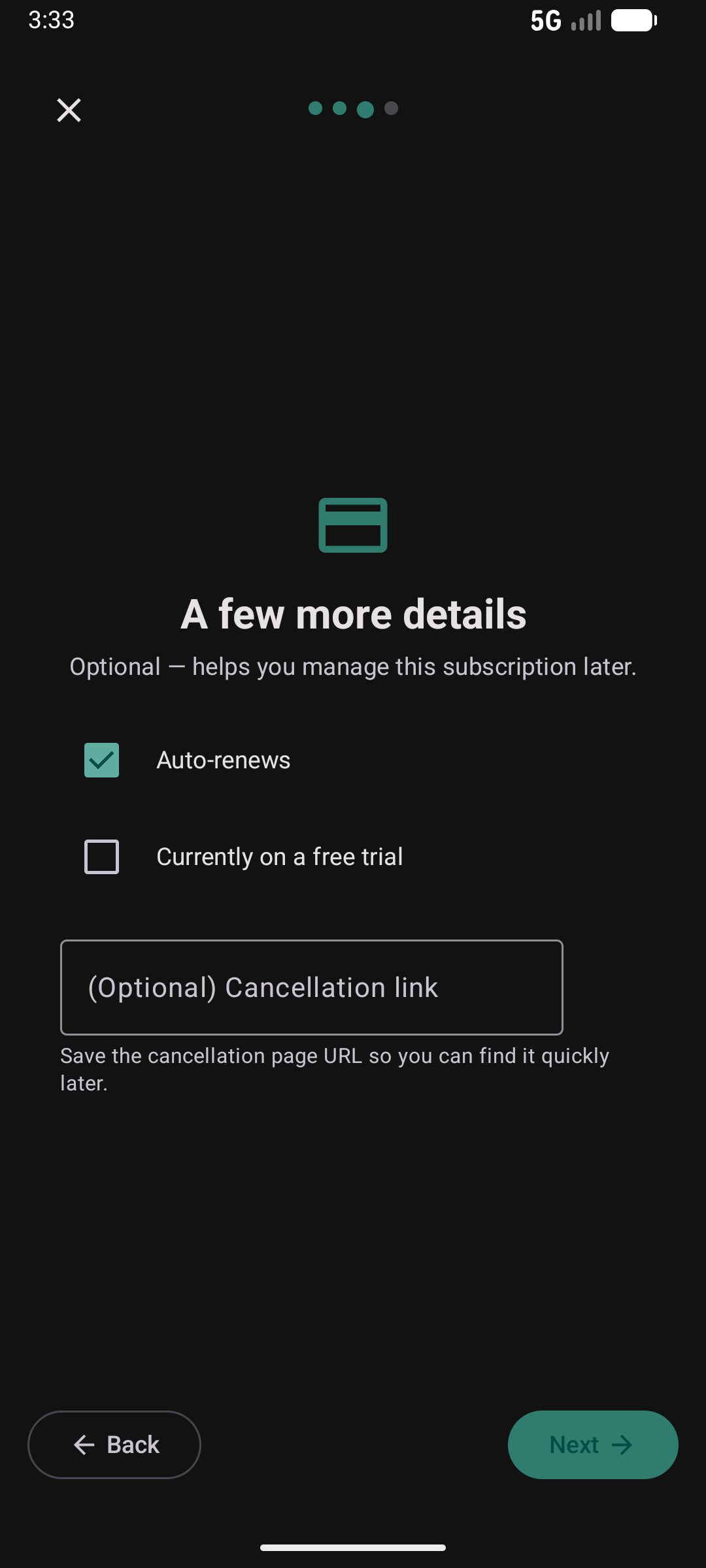 Subscription wizard step 3 — a few more details