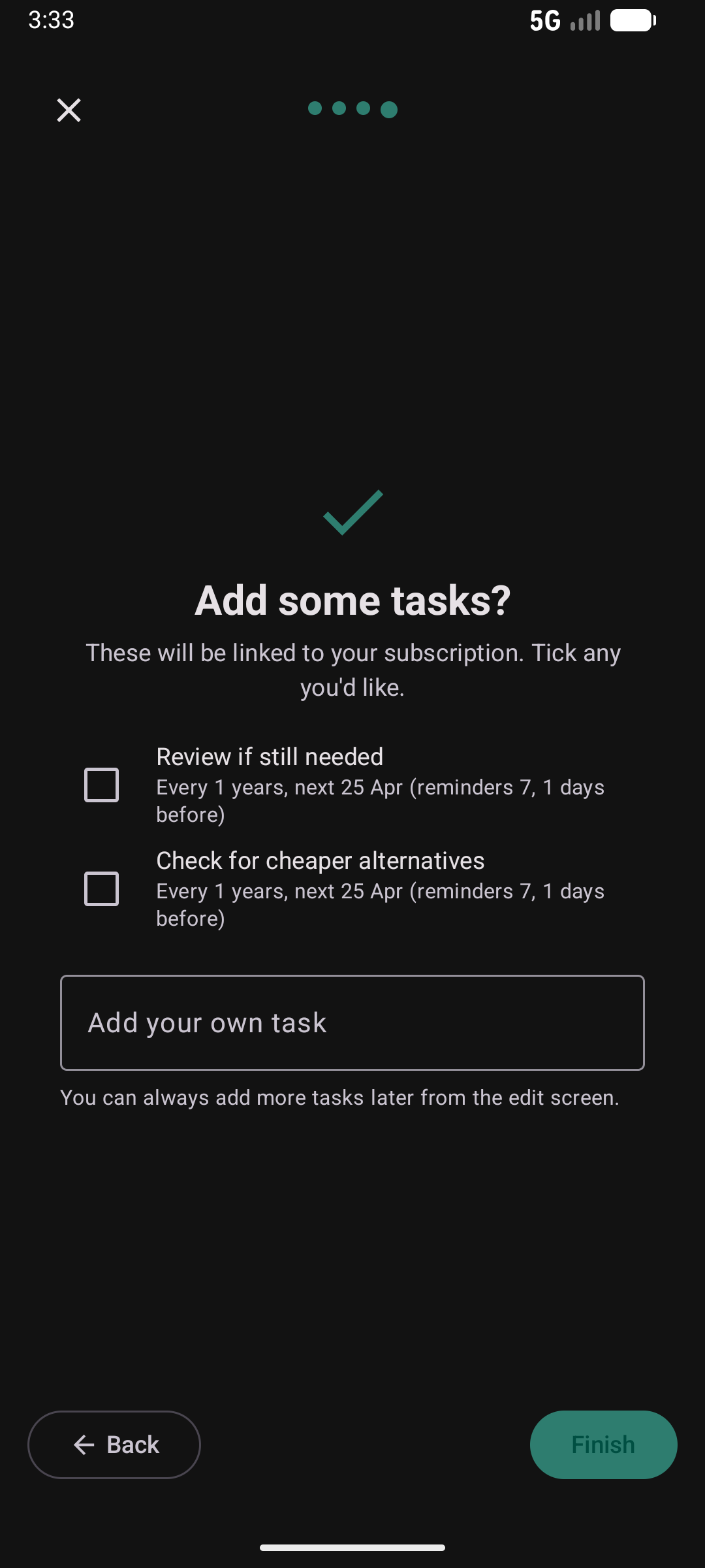 Subscription wizard step 4 — linked tasks