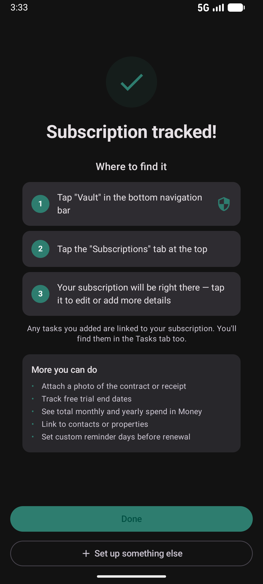 Subscription wizard completion — subscription tracked