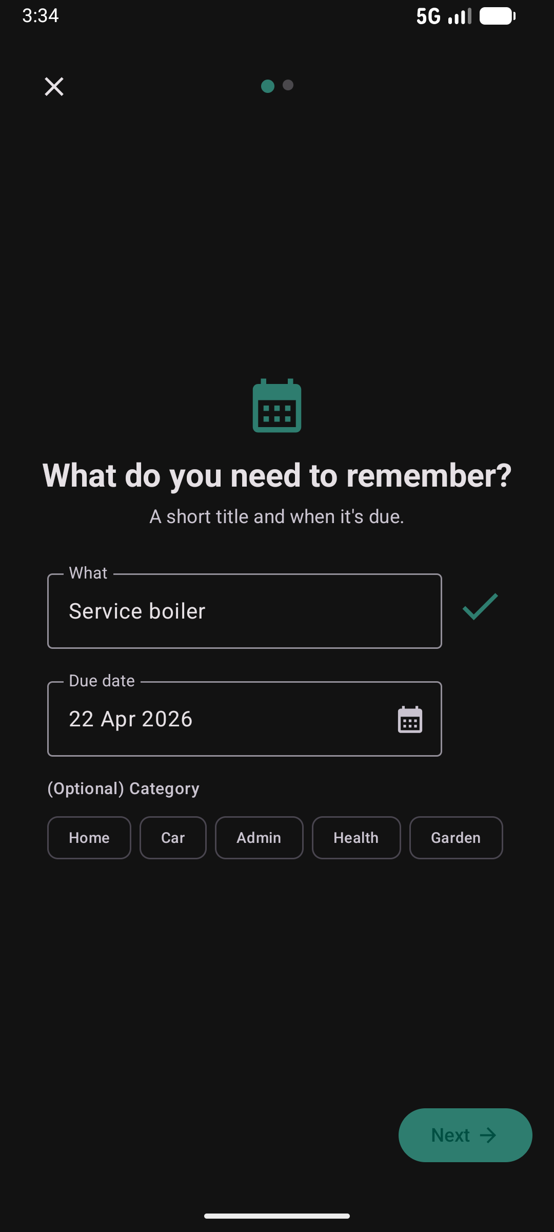 Task wizard step 1 — title and due date