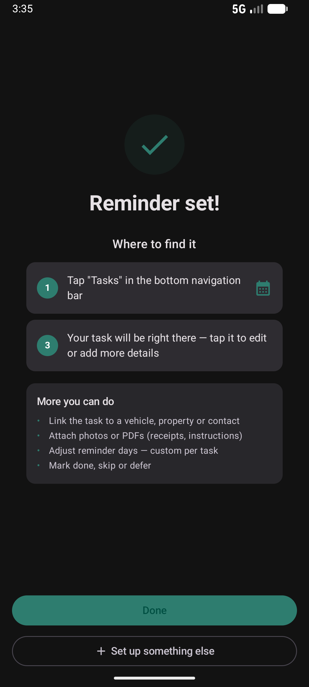 Task wizard completion — reminder set