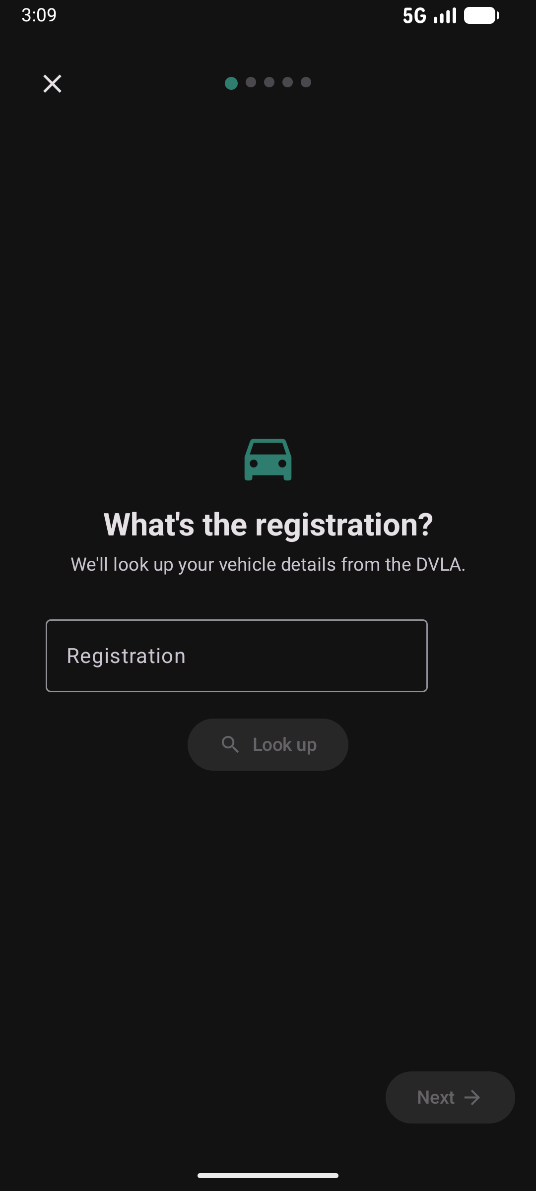 Vehicle wizard step 1 — registration lookup