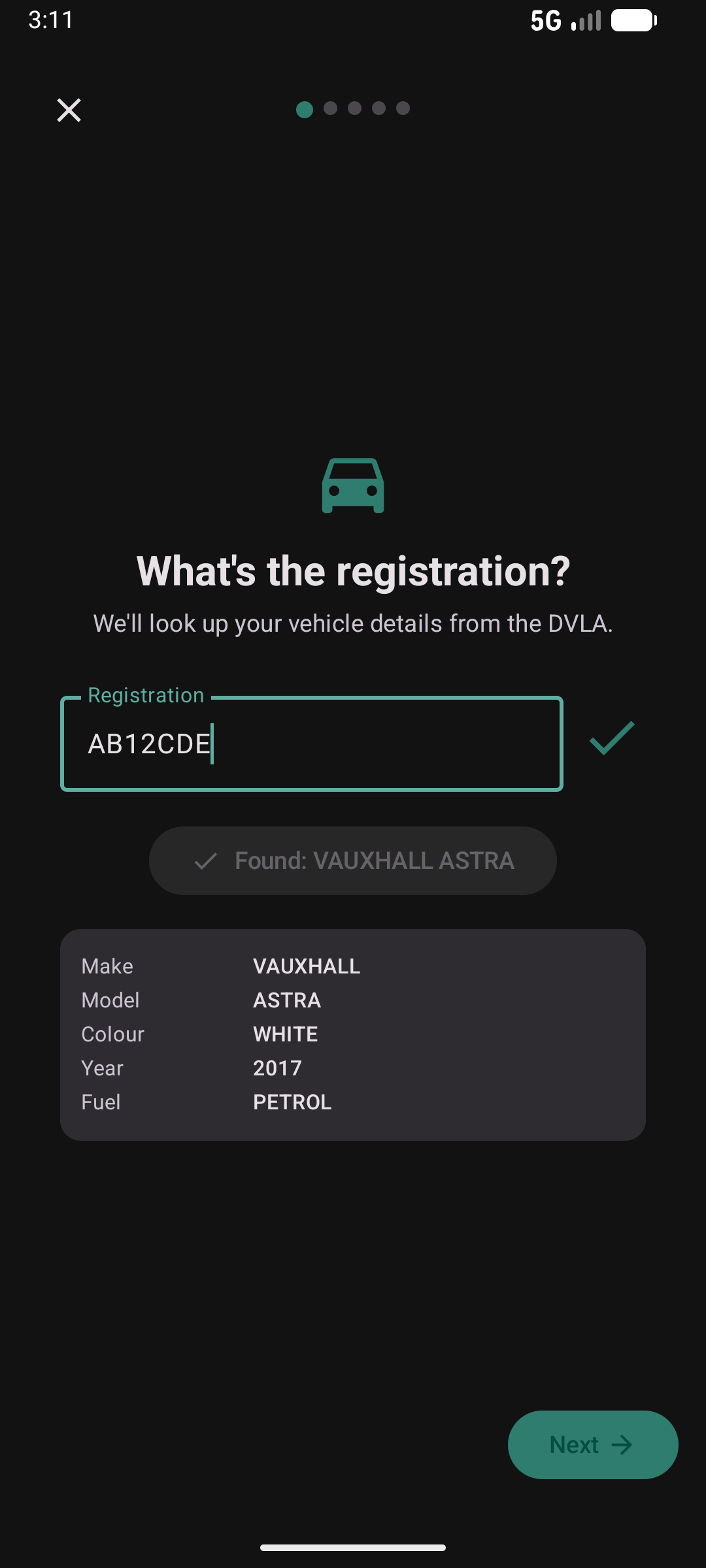 Vehicle wizard step 2 — DVLA details confirmed