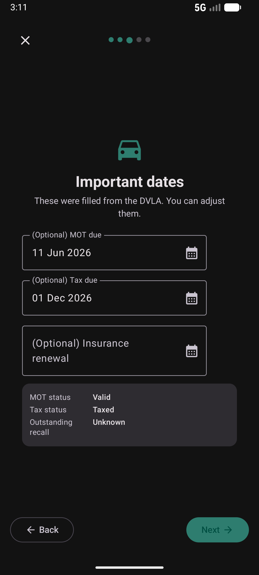 Vehicle wizard step 4 — insurance