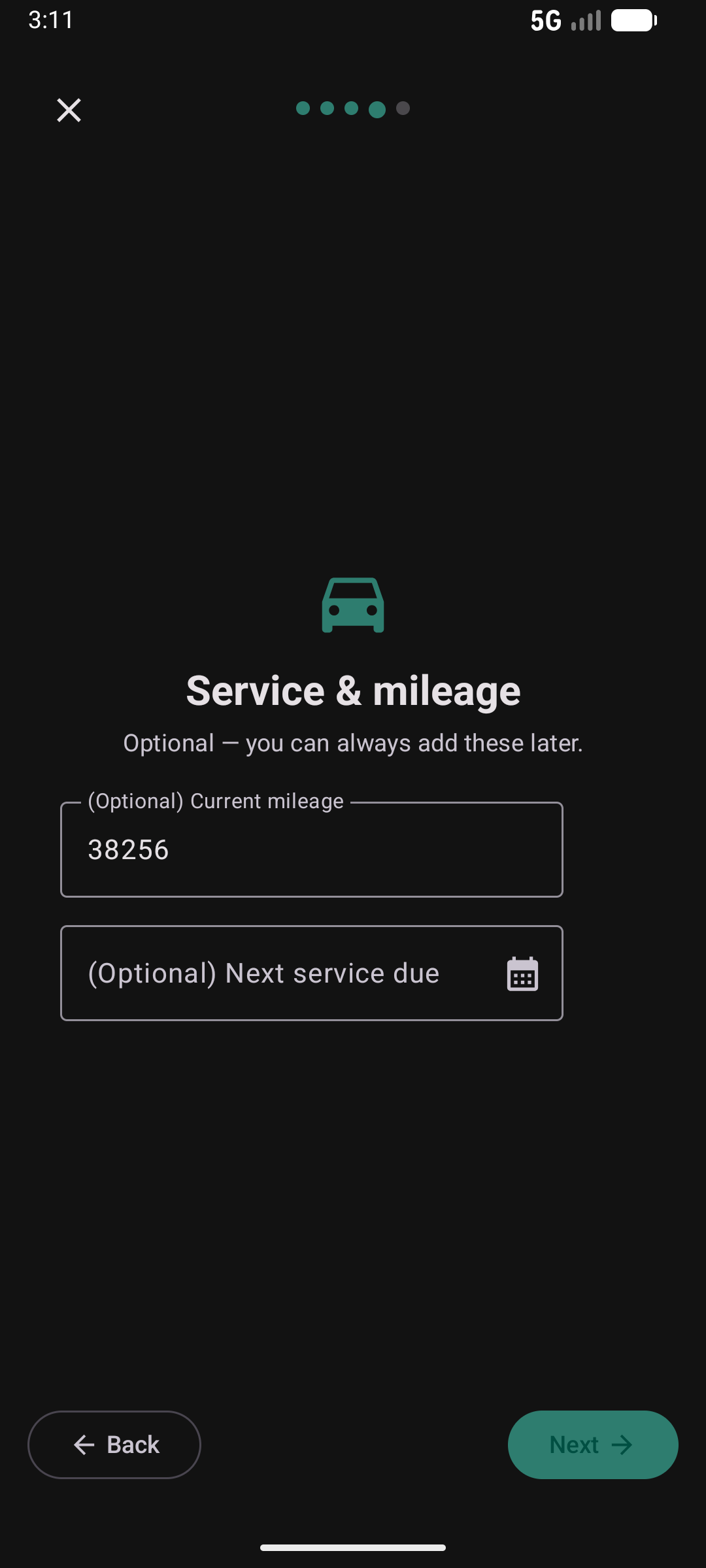 Vehicle wizard step 5 — service interval