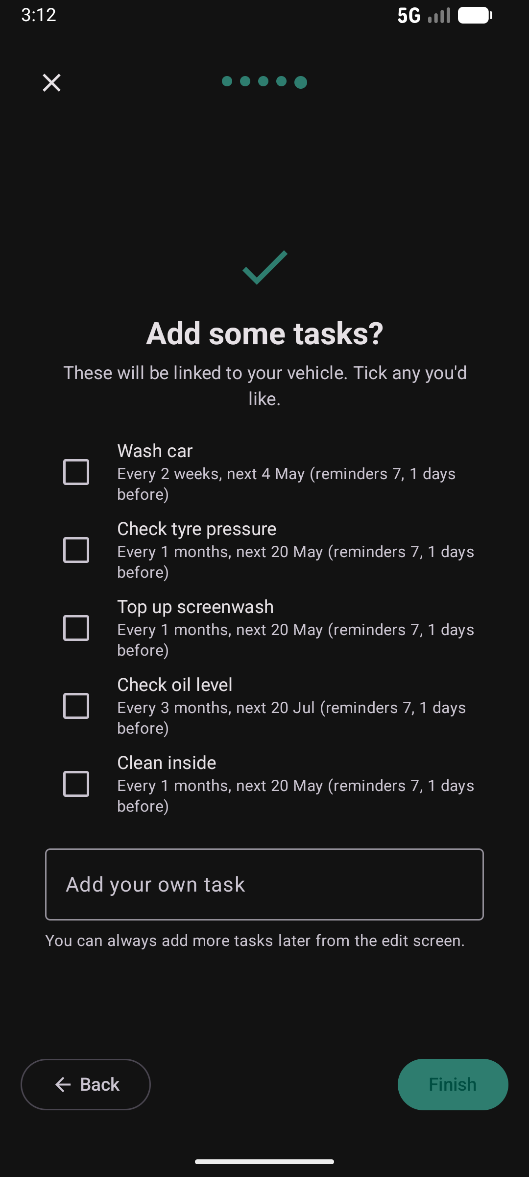 Vehicle wizard step 6 — linked tasks