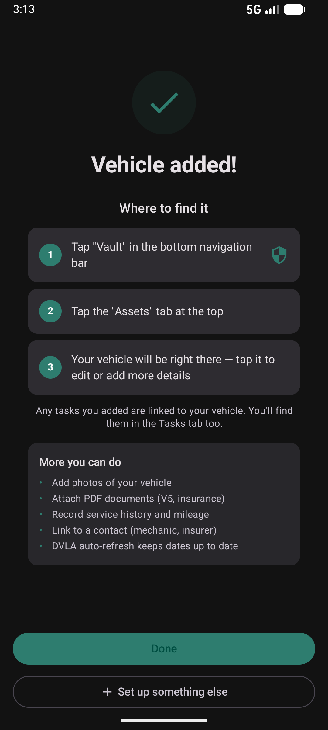 Vehicle wizard completion — Vehicle added