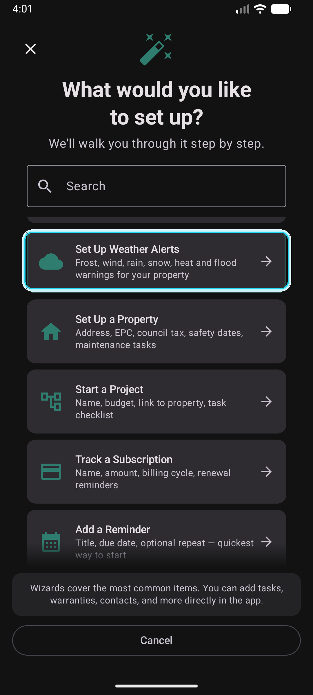 Wizard picker with the Set Up Weather Alerts tile highlighted