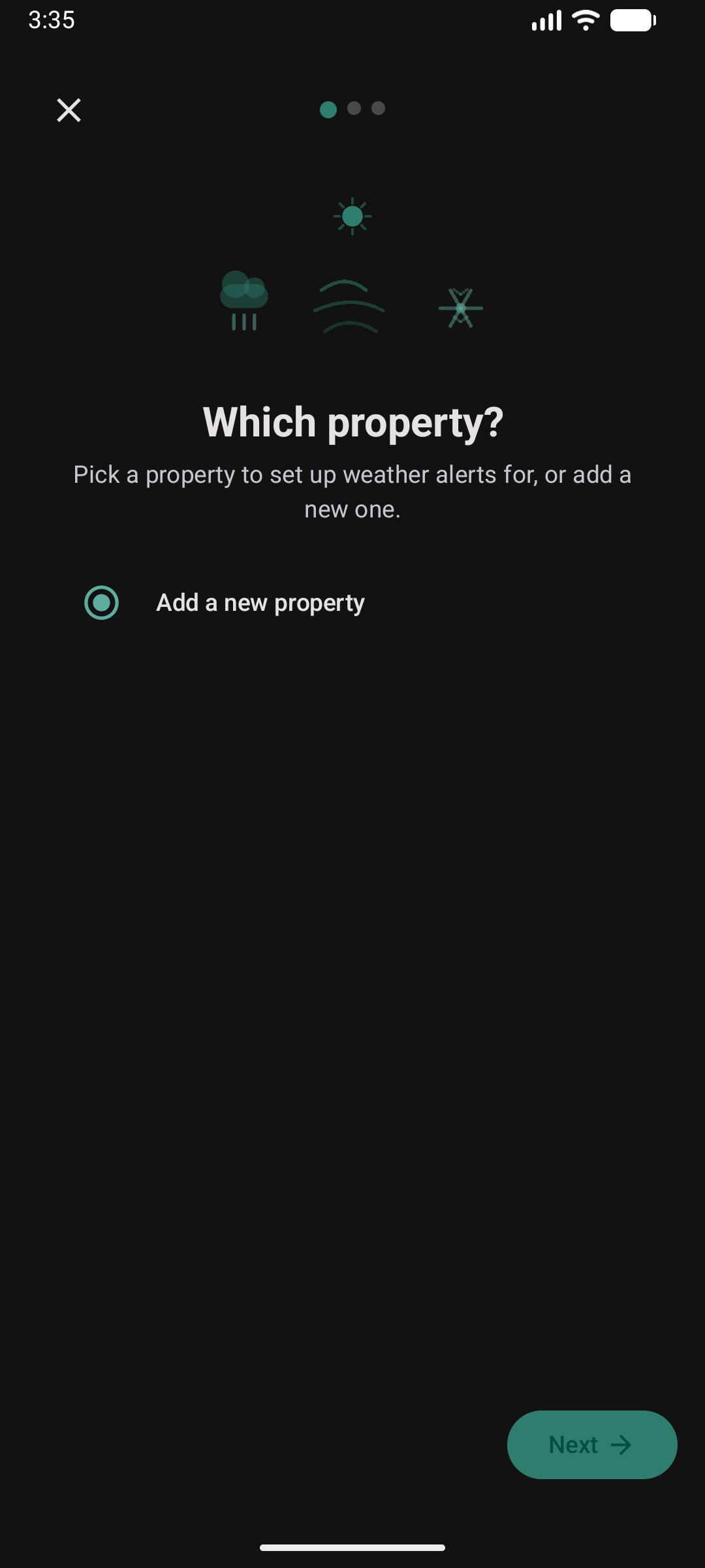 Weather wizard step 1 — which property, with weather graphic
