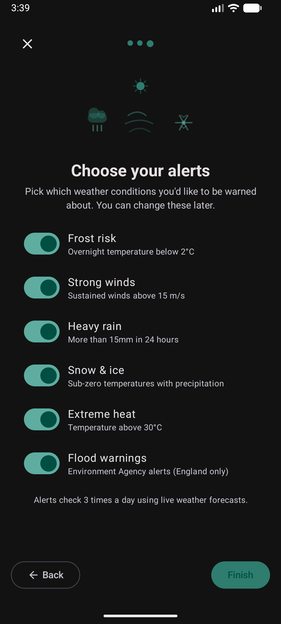 Weather wizard step 3 — choose alert types with six toggles all enabled