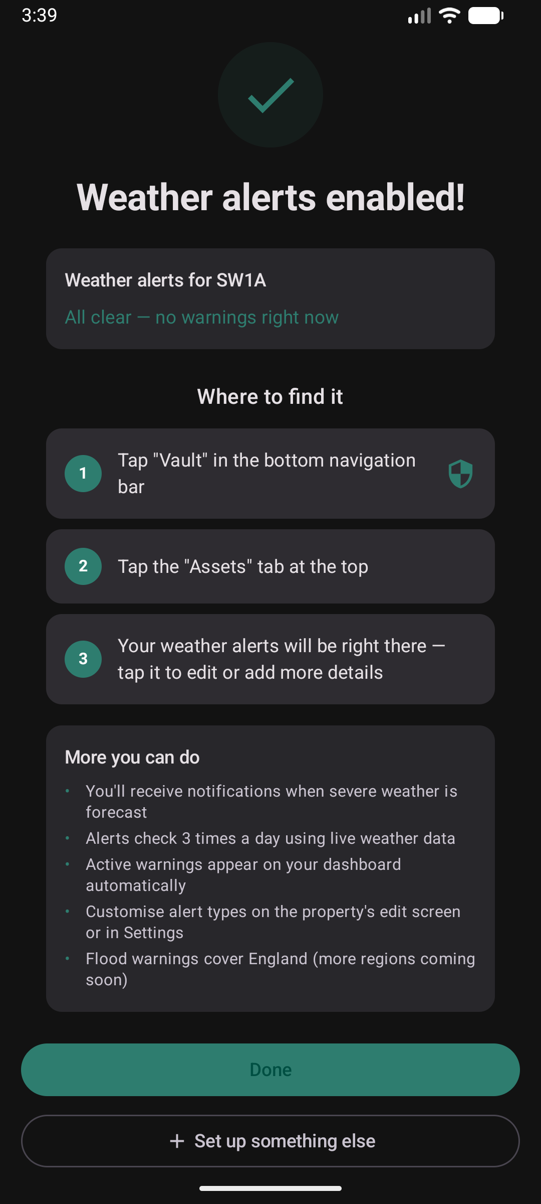 Weather wizard completion — weather alerts enabled for SW1A