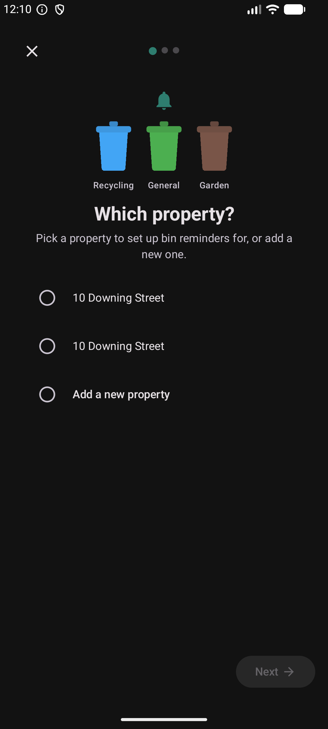 Bin wizard step 1 — which property to set up bin reminders for