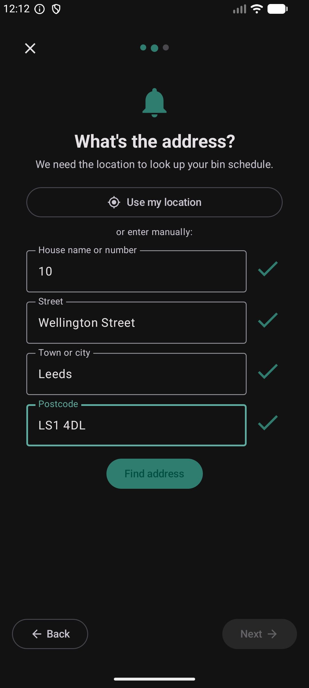 Bin wizard step 2 — address entry with four fields and green validation ticks