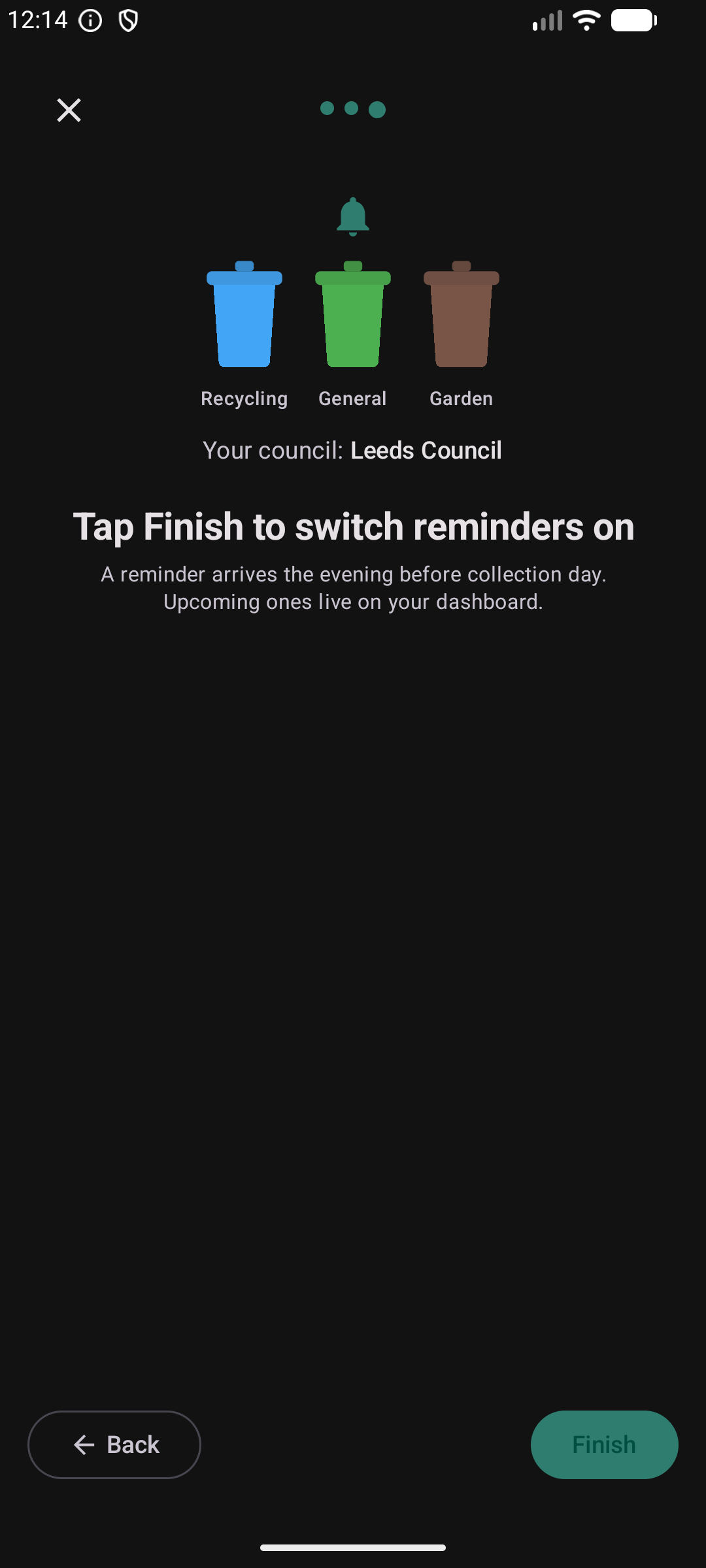 Bin wizard step 3 — Leeds Council collection schedule showing Recycling, General and Garden bins