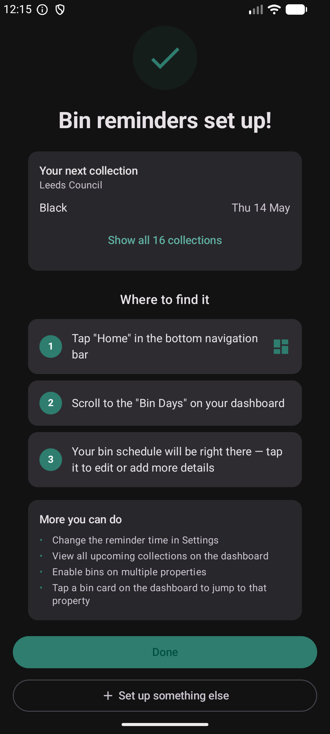 Bin wizard completion — bin reminders set up with next collection date shown