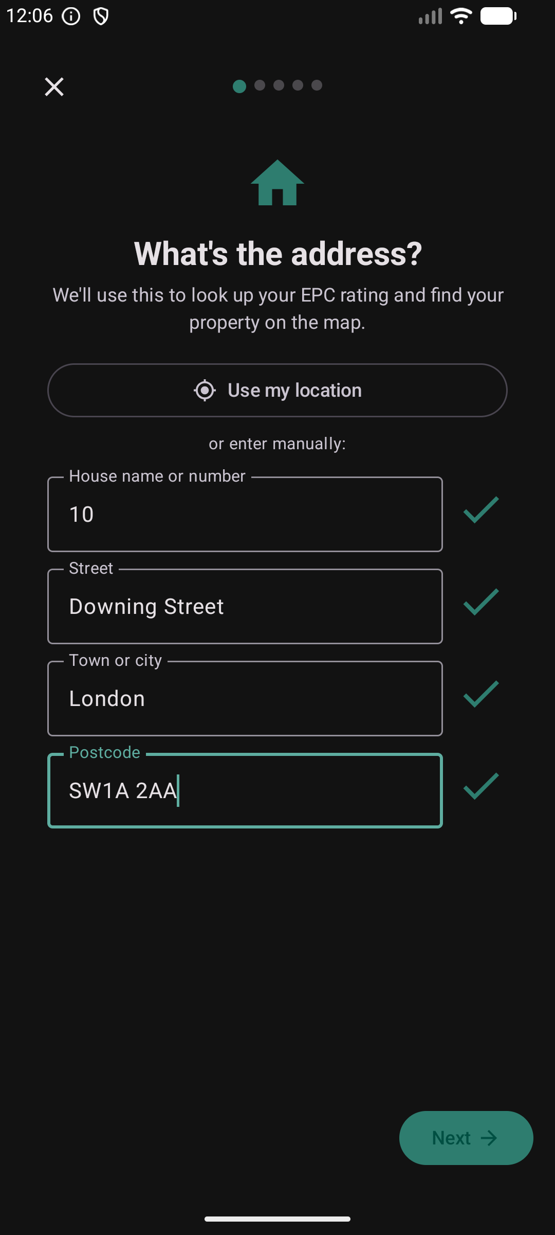 Property wizard step 1 — address entry with four fields and green validation ticks