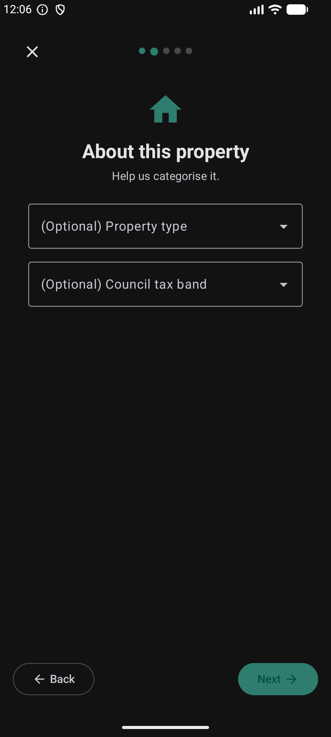 Property wizard step 2 — optional property type and council tax band fields