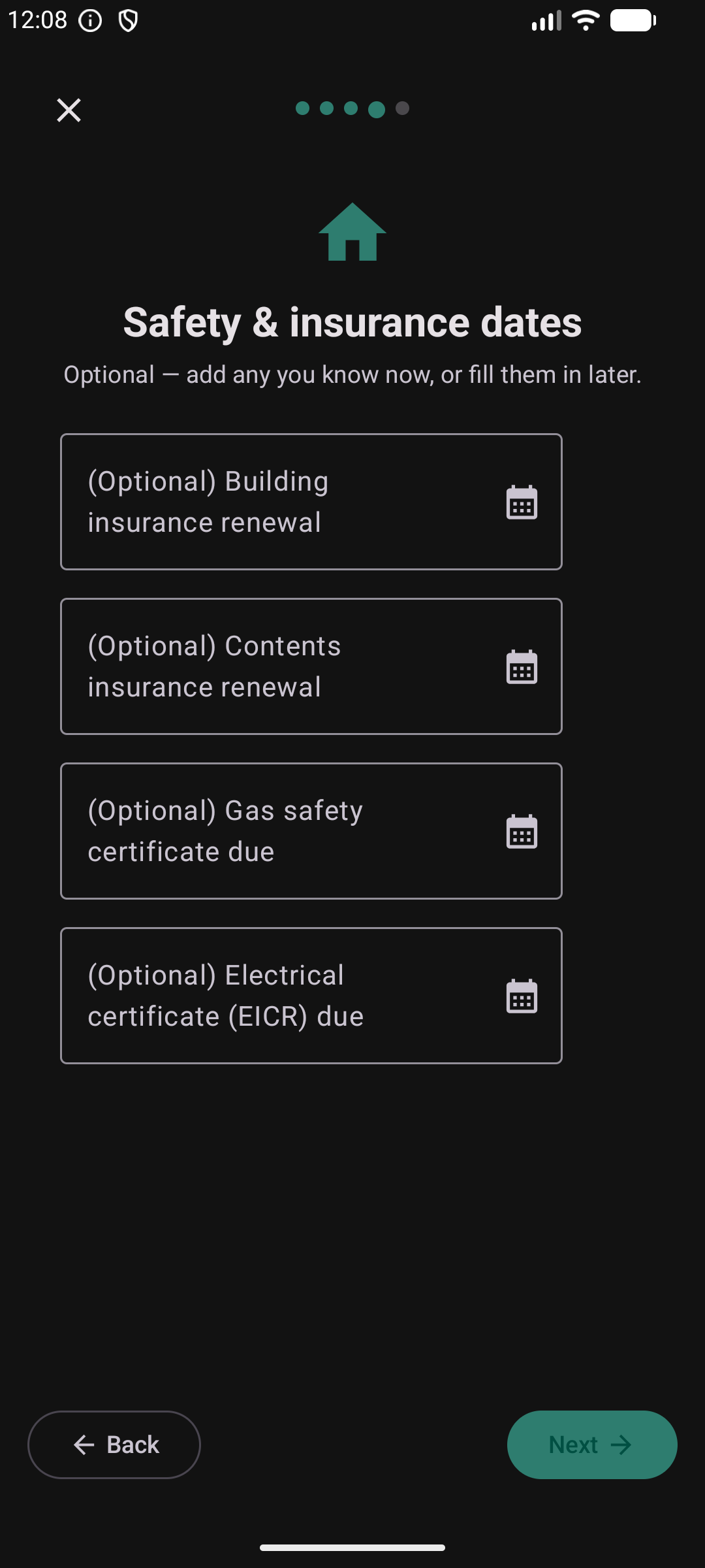 Property wizard step 4 — optional safety and insurance date fields