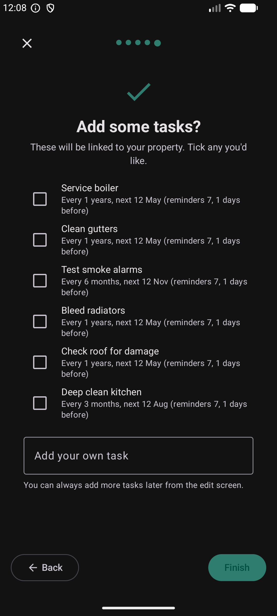 Property wizard step 5 — suggested maintenance tasks with checkboxes