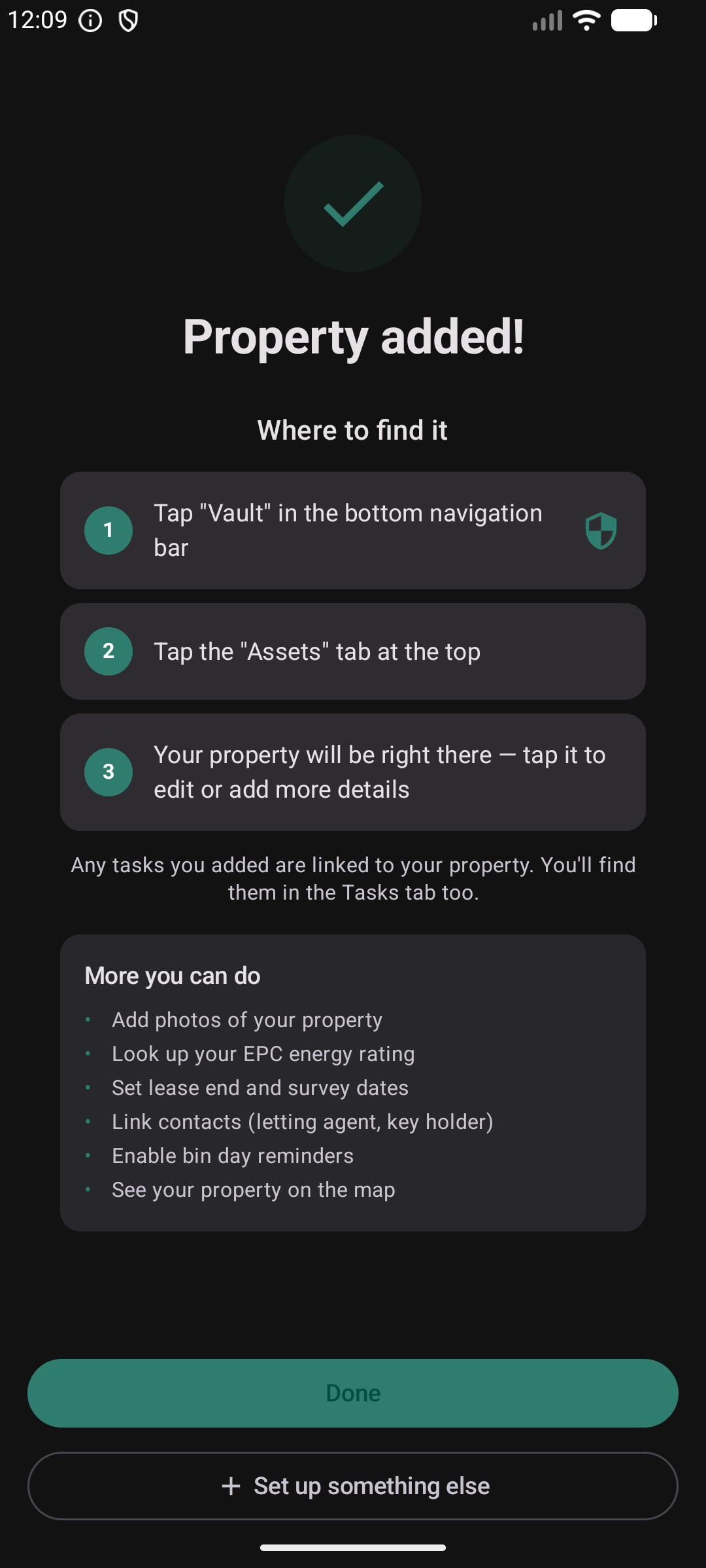 Property wizard completion — property added with Done button