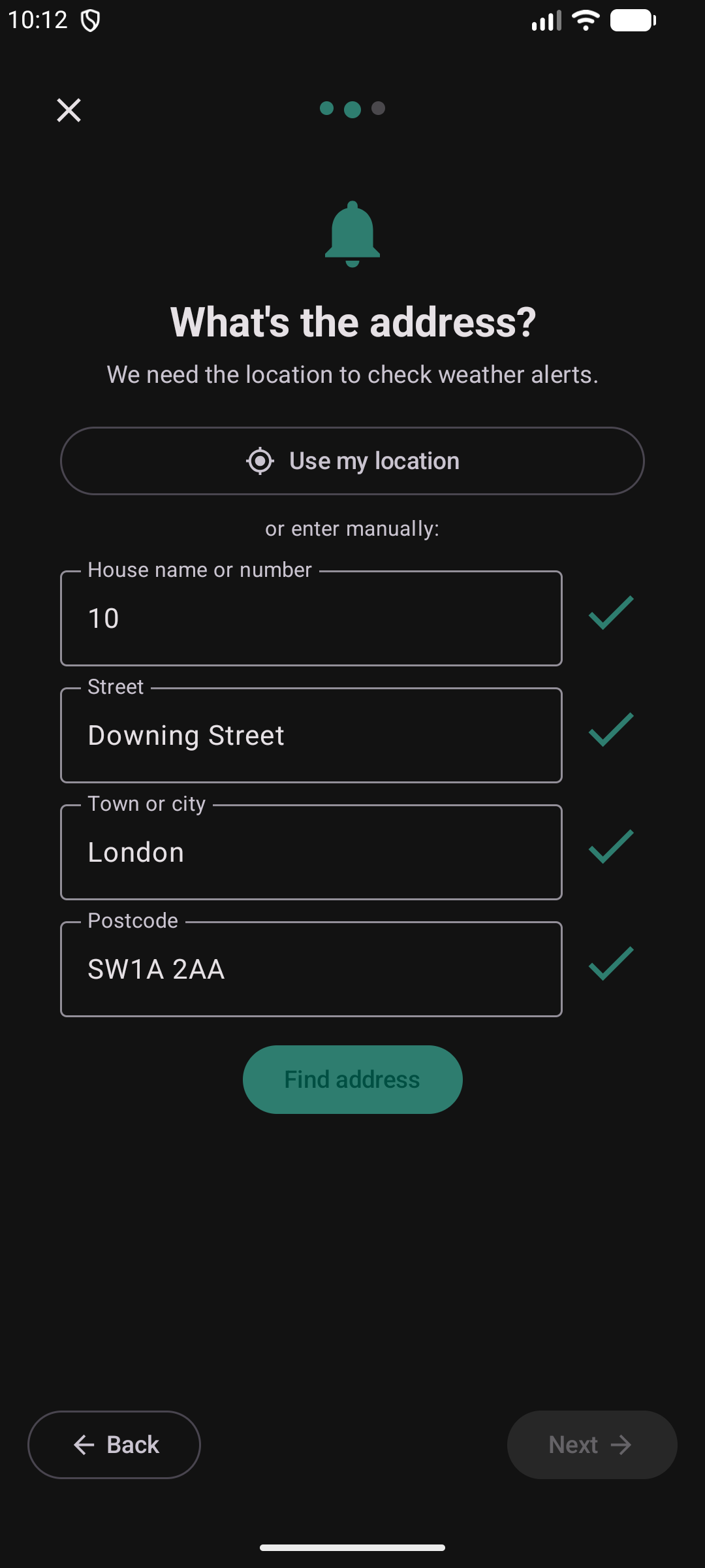 Weather wizard step 2 — address entry with four fields and green validation ticks