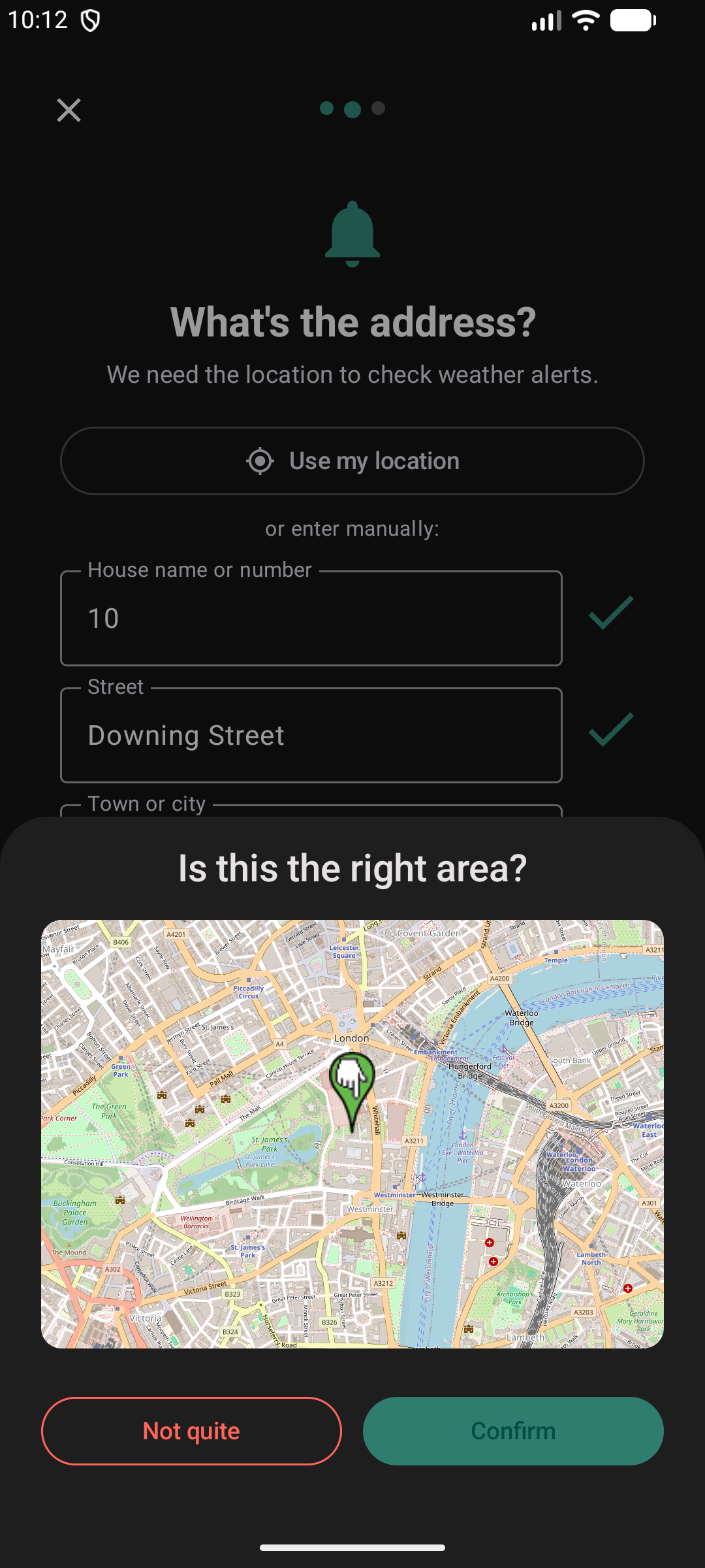 Weather wizard step 2 — map confirmation showing Westminster area