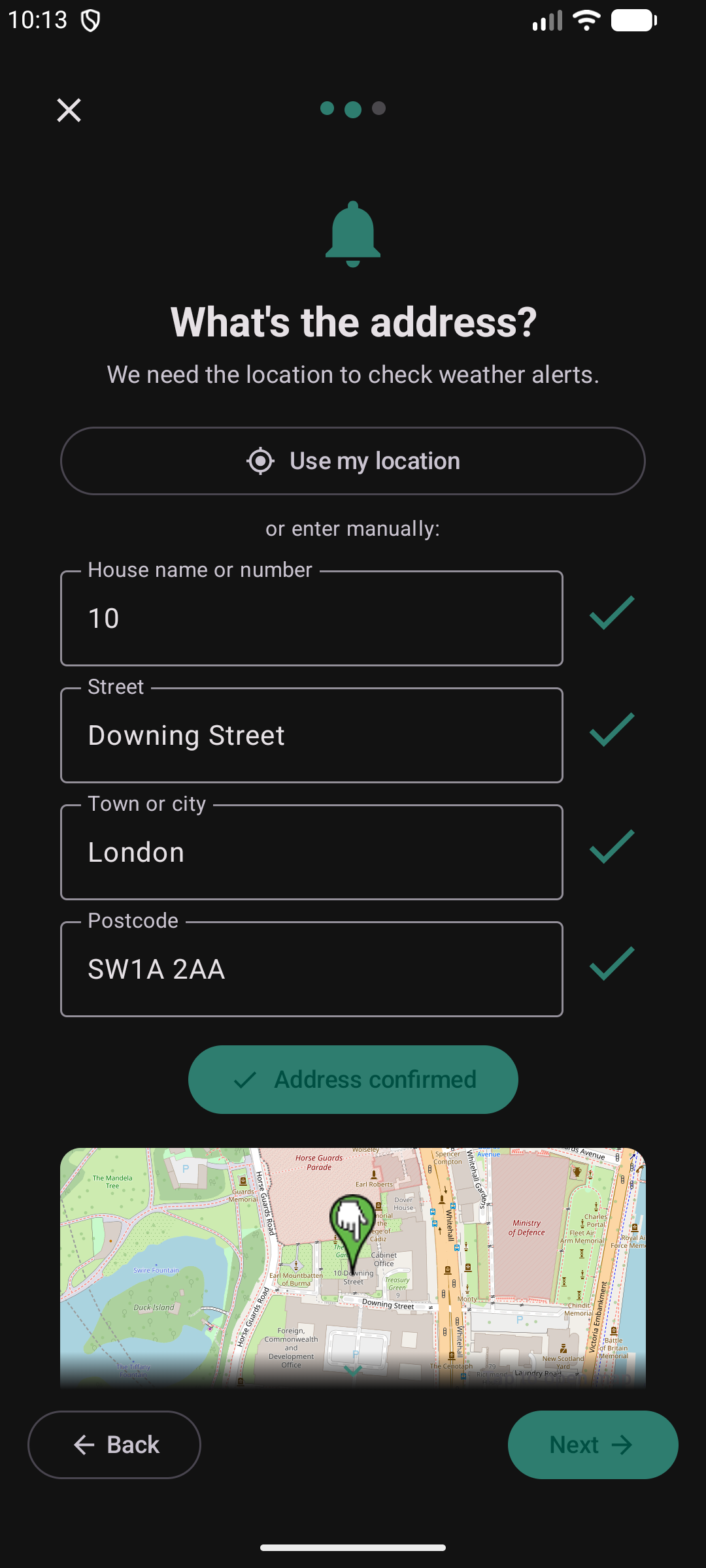 Weather wizard step 2 — address confirmed with embedded map